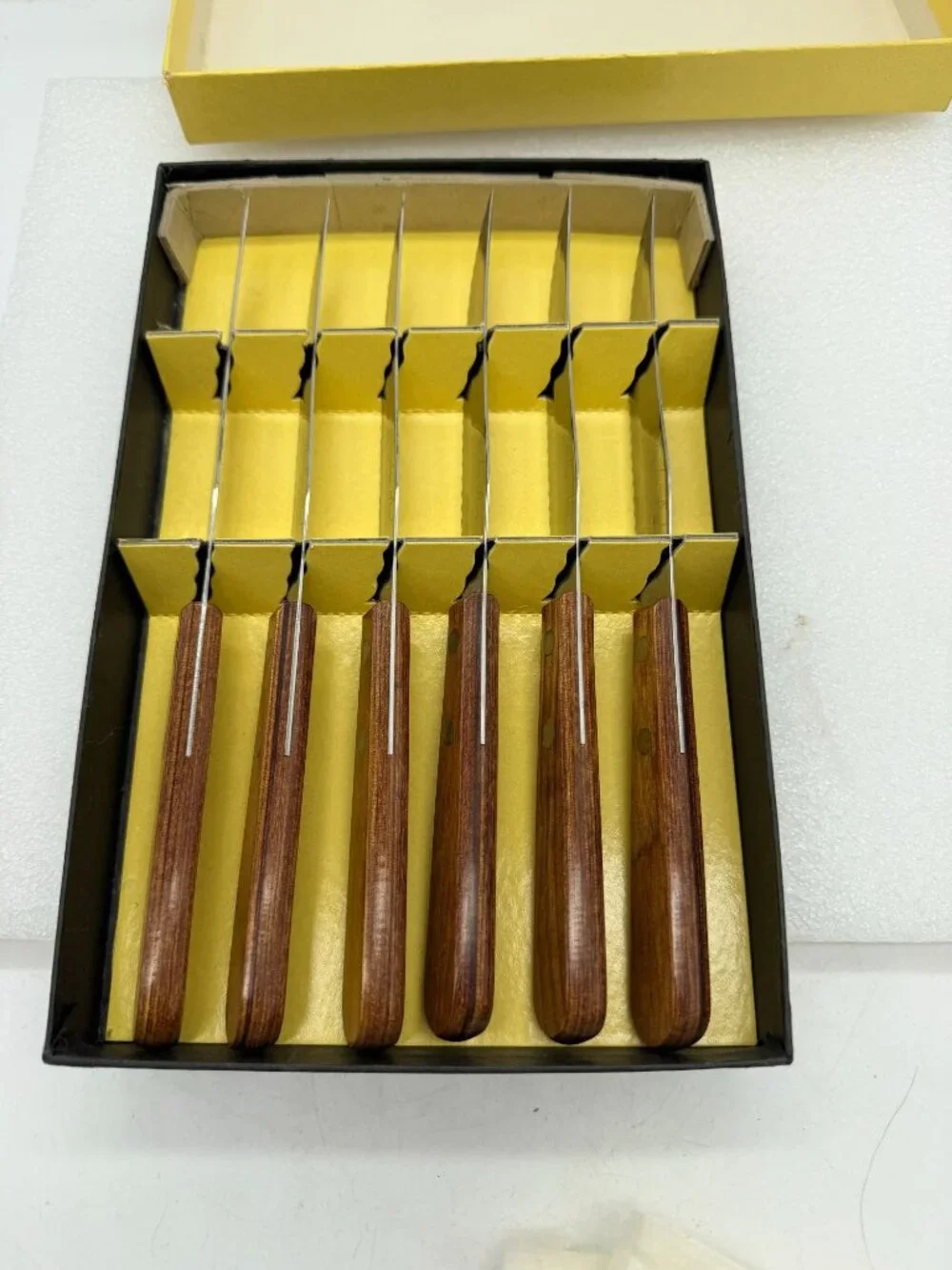 NOS Tel-Tru Stainless Steel Steak Knife Set of Six Wood Handles
